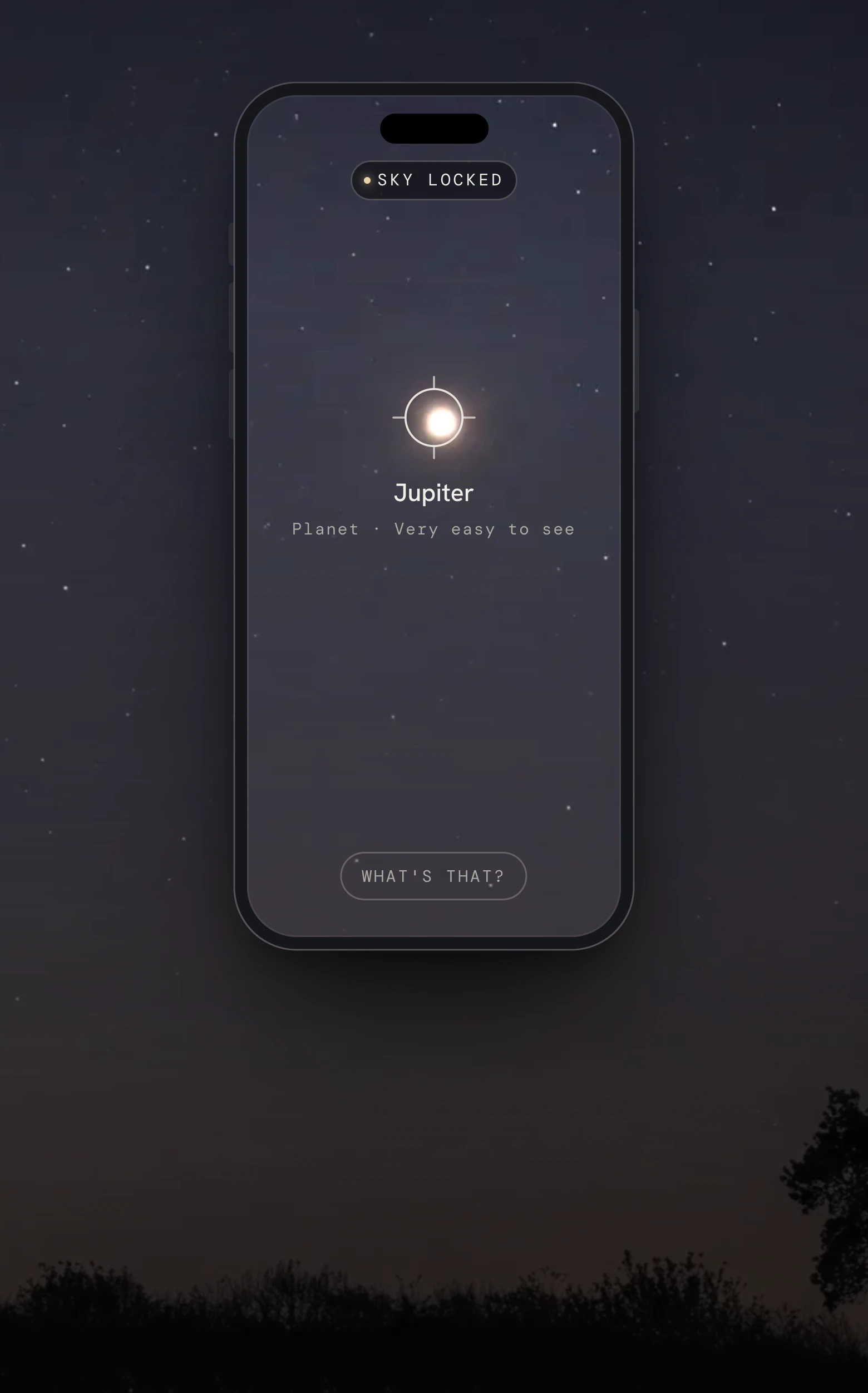 Astriel on an iPhone held up to the night sky, its screen showing the same sky through it with a target ring settled on a bright planet and the label reading Jupiter, planet, very easy to see.